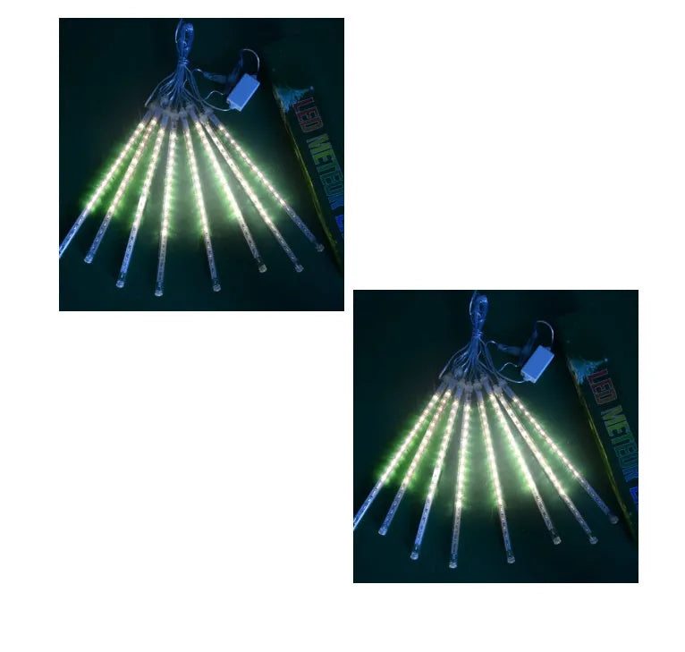 Waterproof blue LED meteor shower tube light creating a raining light effect outdoors.