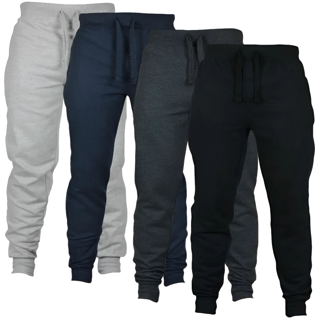 Men's solid colour cotton fleece casual pants with a drawstring waistband in a loose, pencil fit.