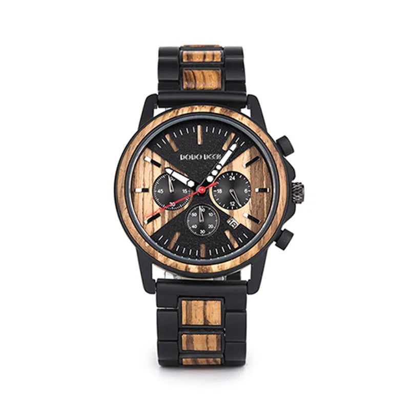 Wooden wrist watch with 44mm metal case, metal band, mineral glass mirror, black colour