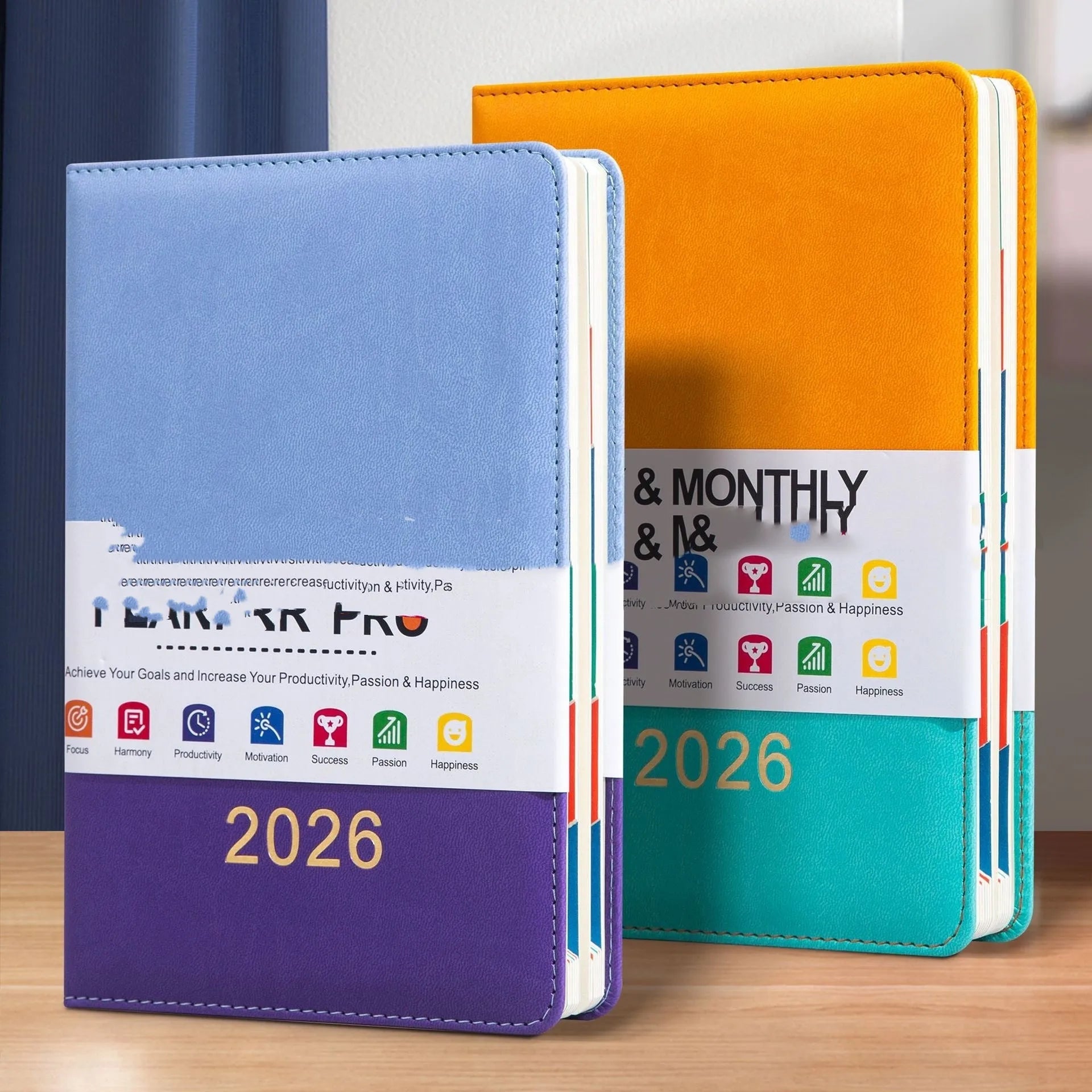 A5 English schedule book with waist seal, imitation leather cover, open to daily page