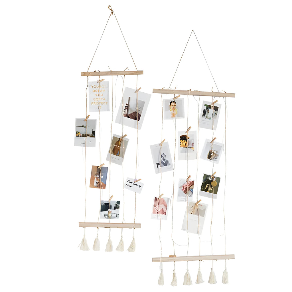 Wood and hemp rope wall hanging photo display pendant with wooden clips in three size options.