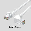 Cat6 Ethernet cable with a right-angle black RJ45 connector, shown in a selection of different colour variants.