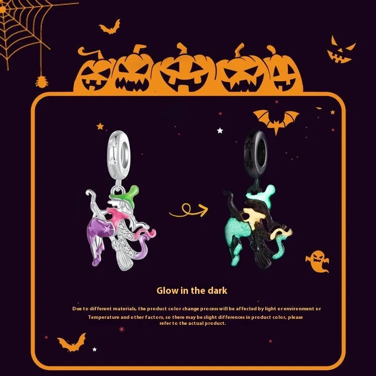 925 silver Halloween broom pendant with fluorescent finish, pumpkin and skull design, 25x13mm with 4.5mm hole
