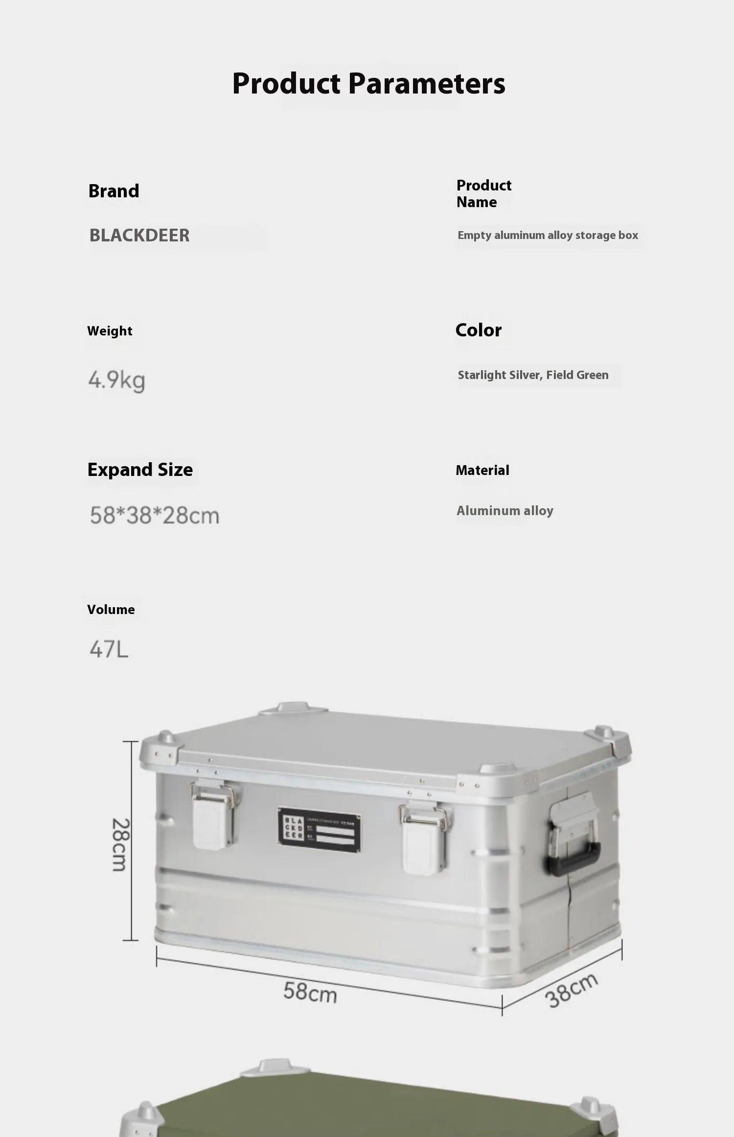 Field green aluminium alloy storage box for camping equipment with 58cm dimensions