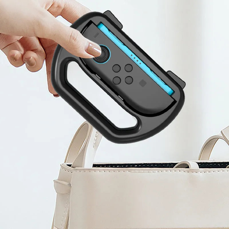 Game grip accessories for Switch 2 handle in black, ABS material, 145x65x100mm, shown on a flat surface.