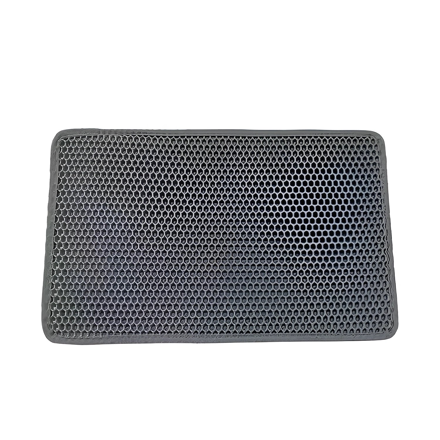 Black waterproof EVA cat litter mat with honeycomb texture and quilted edge on a wooden floor