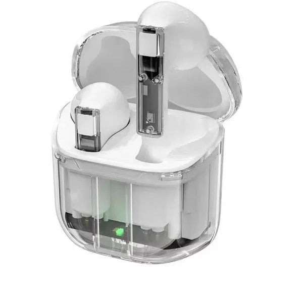 Transparent case true wireless Bluetooth headphones showing digital display and multiple colour options