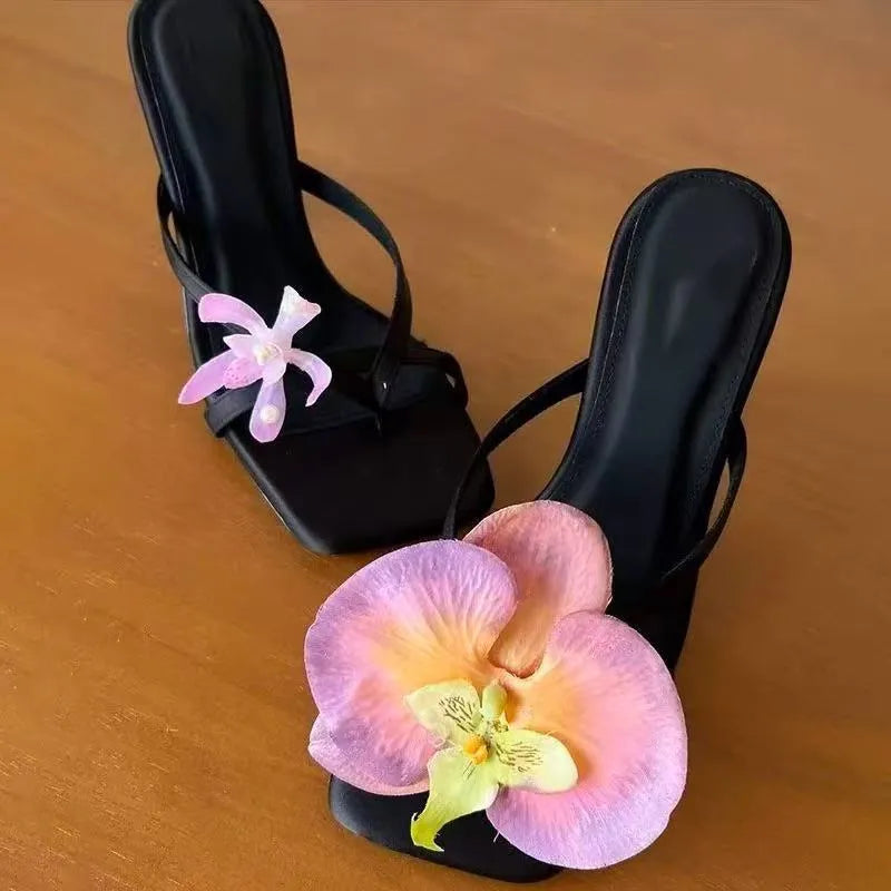 Women's handmade calf leather high heel sandals with asymmetric flower design and square toe in black