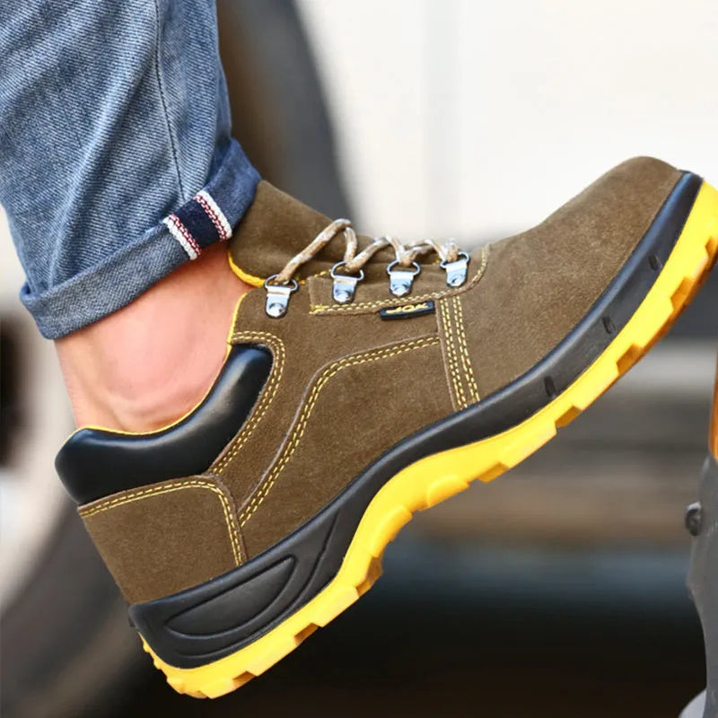 Men's bronze cowhide steel toe safety work boots with anti-skid sole.