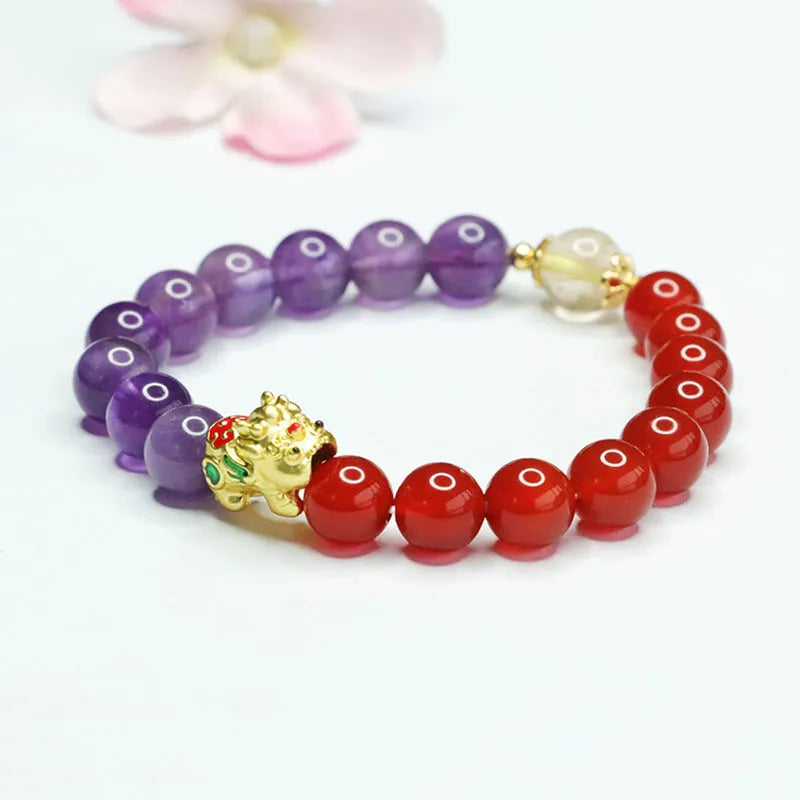 Chinese style women's bracelet with natural amethyst crystals and red agate stones, 8mm bead diameter