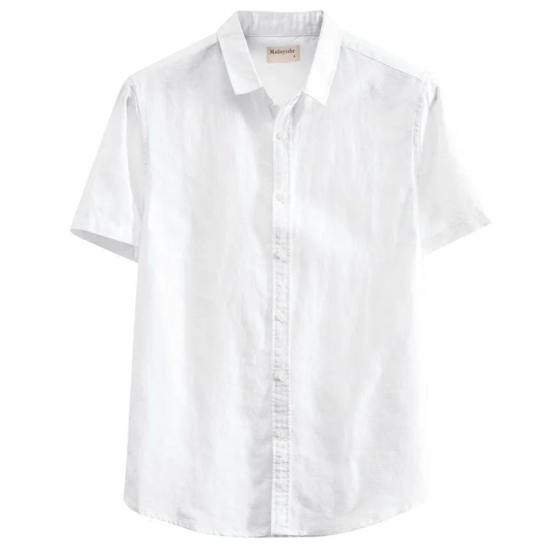 Man's casual short sleeve linen shirt with square collar in sapphire blue