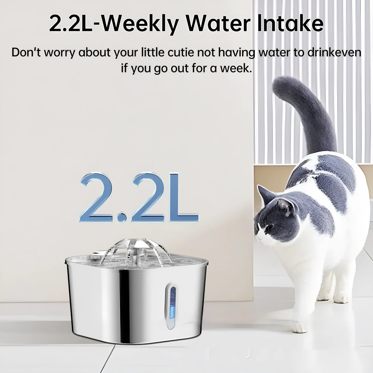 2.2L stainless steel pet water fountain with flower head vertical bar design and window dispenser for dogs and cats.