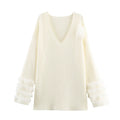 Women's white V-neck furry knitted dress with cuffed long sleeves, straight cut, sizes S M L