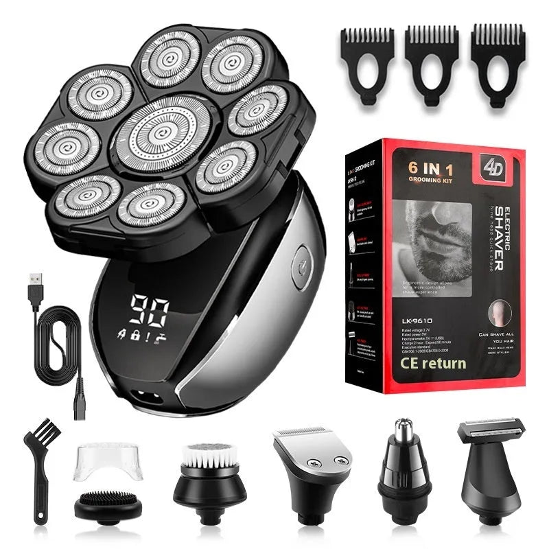 Black rechargeable 6-in-1 haircut kit with clipper, shaver, nose trimmer, and attachments on a USB cable.