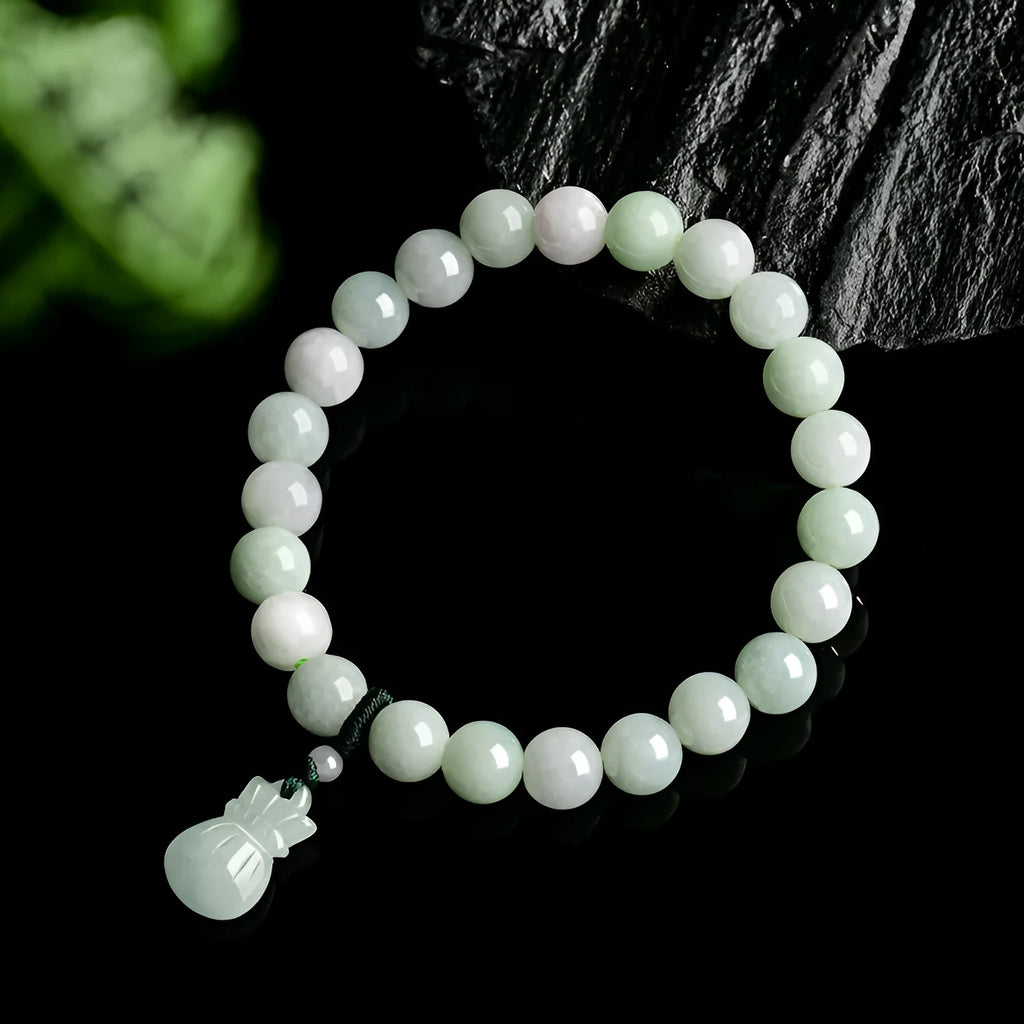 Ice Jade flower-shaped purse bracelet with 8mm pendant on adjustable band