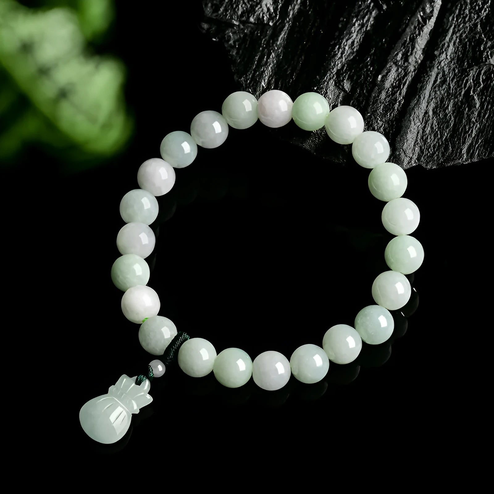 Ice Jade flower-shaped purse bracelet with 8mm pendant on adjustable band