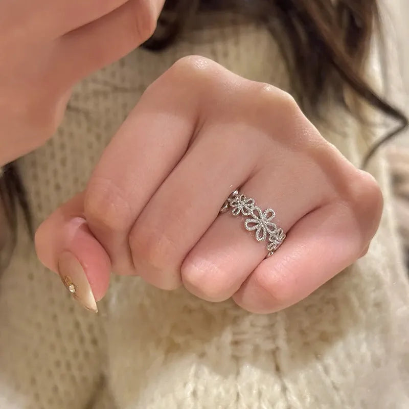 Metal geometry lace hollow flower ring for women in silver electroplated finish