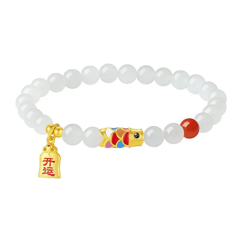 S925 sterling silver cold enamel koi Hetian jade bracelet with animal zodiac design