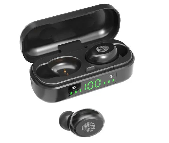 Black wireless Bluetooth sports headset with V8 shell earplug design showing battery display and call functions