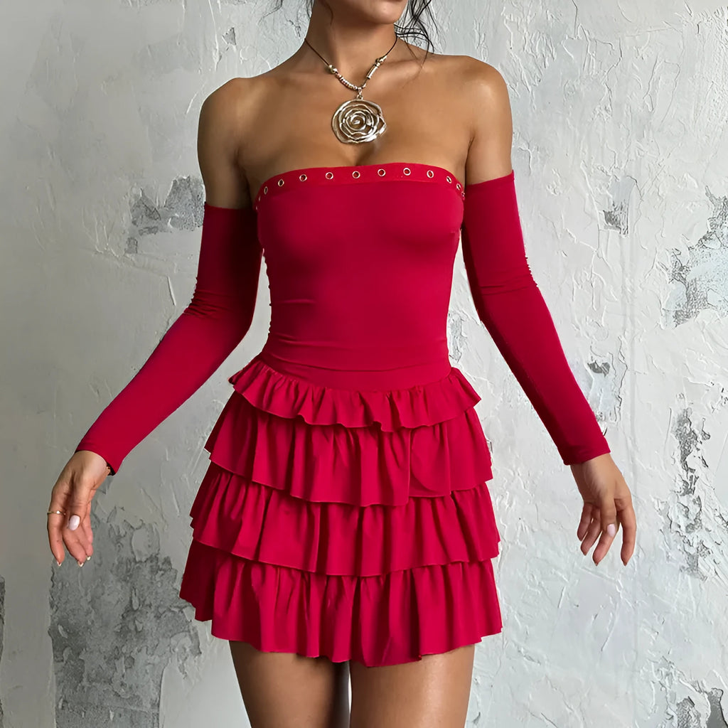 One-shoulder long-sleeved bustier pencil dress in burgundy or black, low waist, short skirt, sizes S M L
