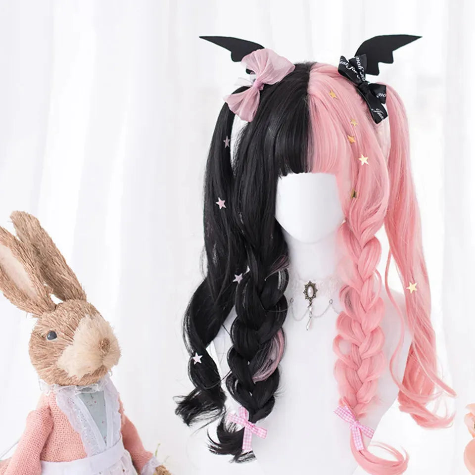 Black and pink long curly Harajuku Lolita wig with fringe for cosplay.