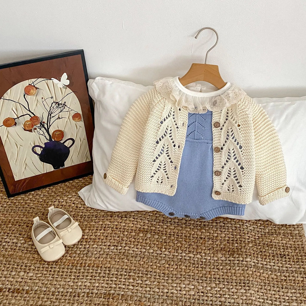 Girls' knitted cotton romper triangle jumpsuit in heather blue for 66-100cm height