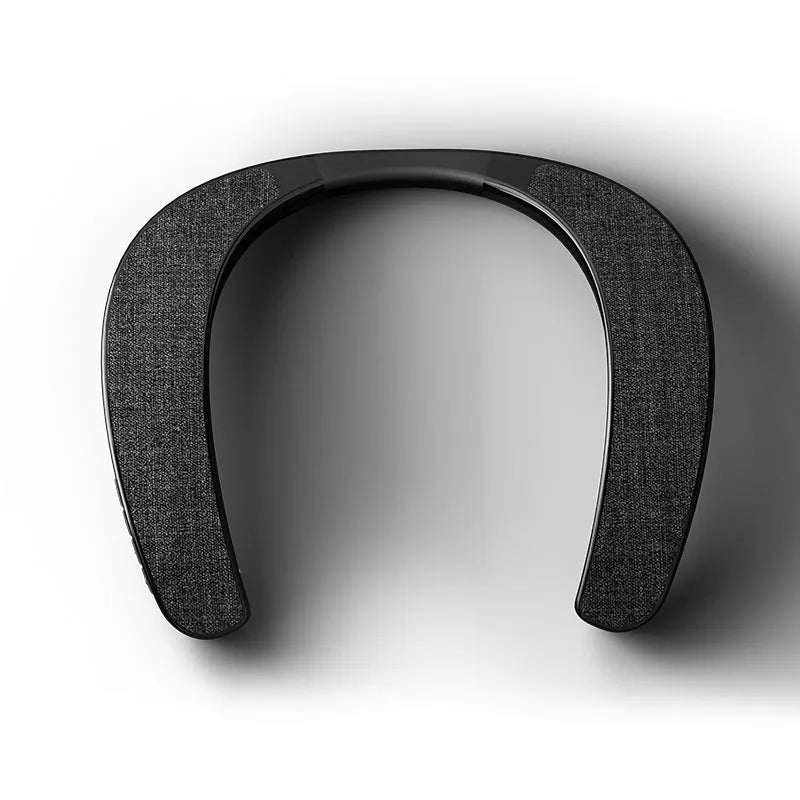 Neck-mounted stereo wireless Bluetooth speaker in black with USB charging