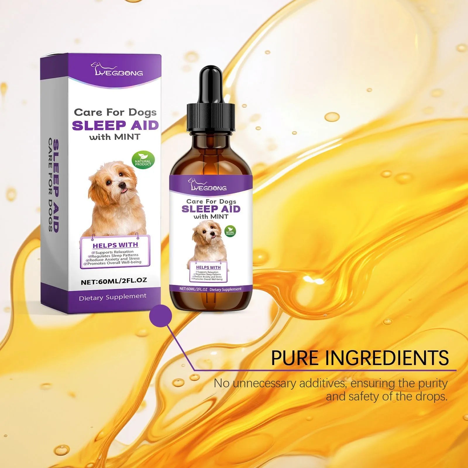 60ml bottle of dog sleep drops with mint extract formula for canine night-time support