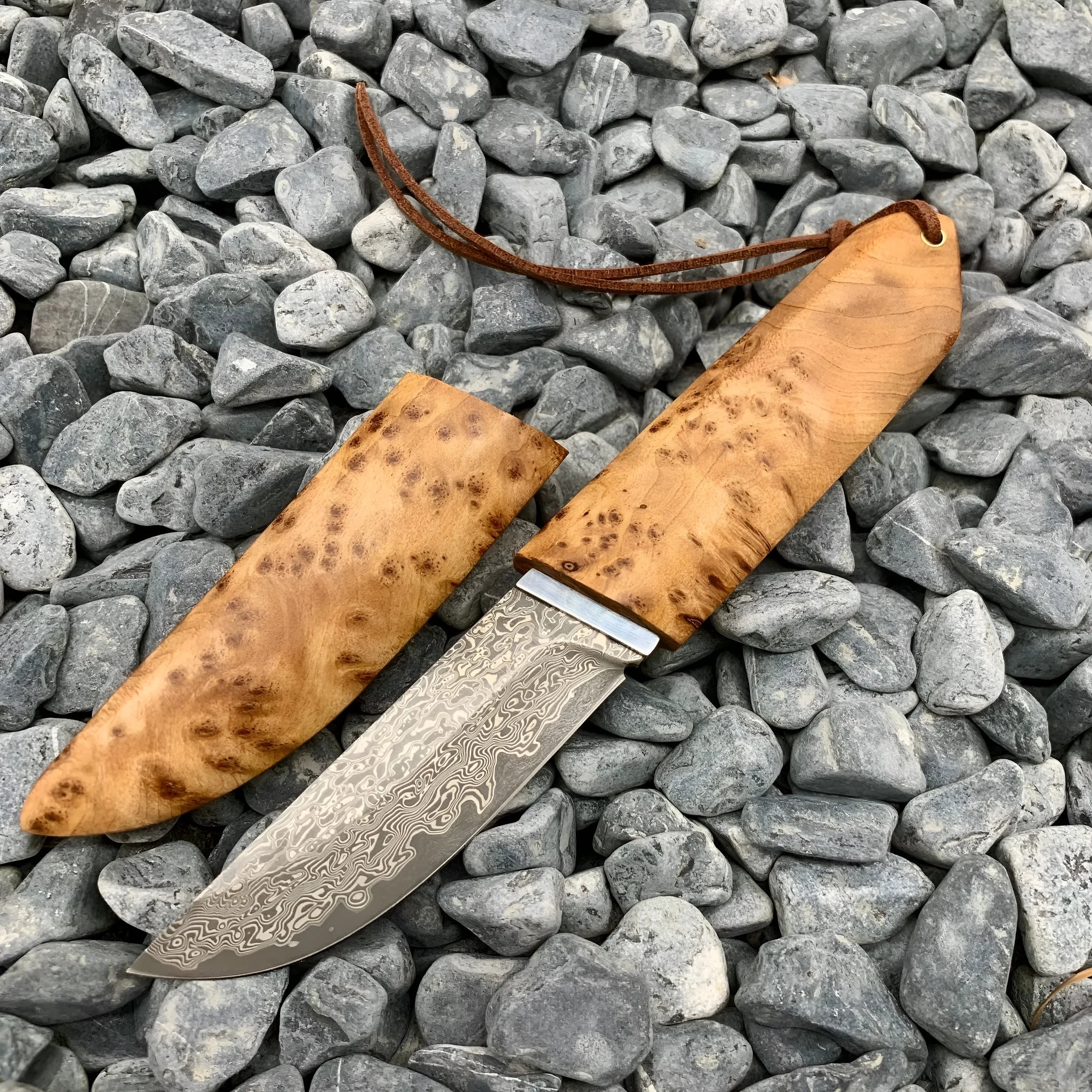 White shadow short knife with Damascus pattern VG10 steel blade and Thuja wood handle