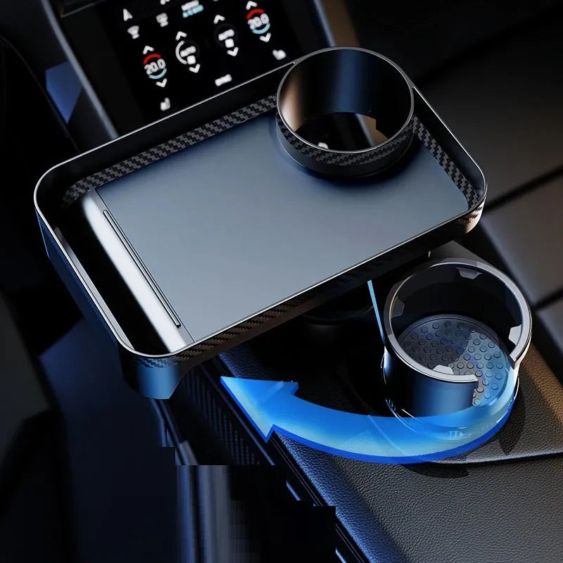Black rotating car cup holder with dinner plate attachment shown in large and small size options.