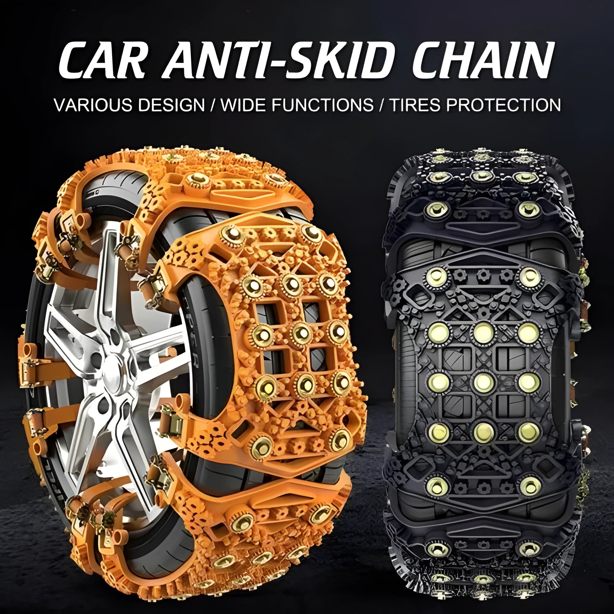 Black rubber car anti-slip chain on tyre for winter traction