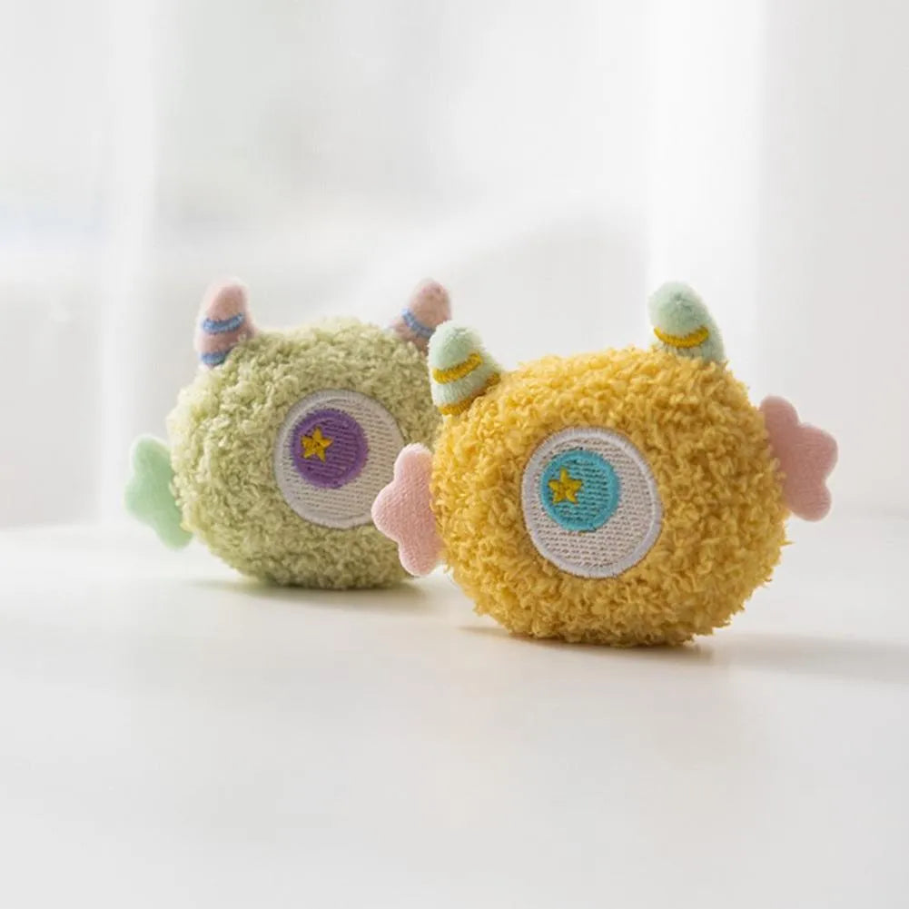 Cartoon-shaped plush dog toy with big eyes and built-in squeaker for interactive play
