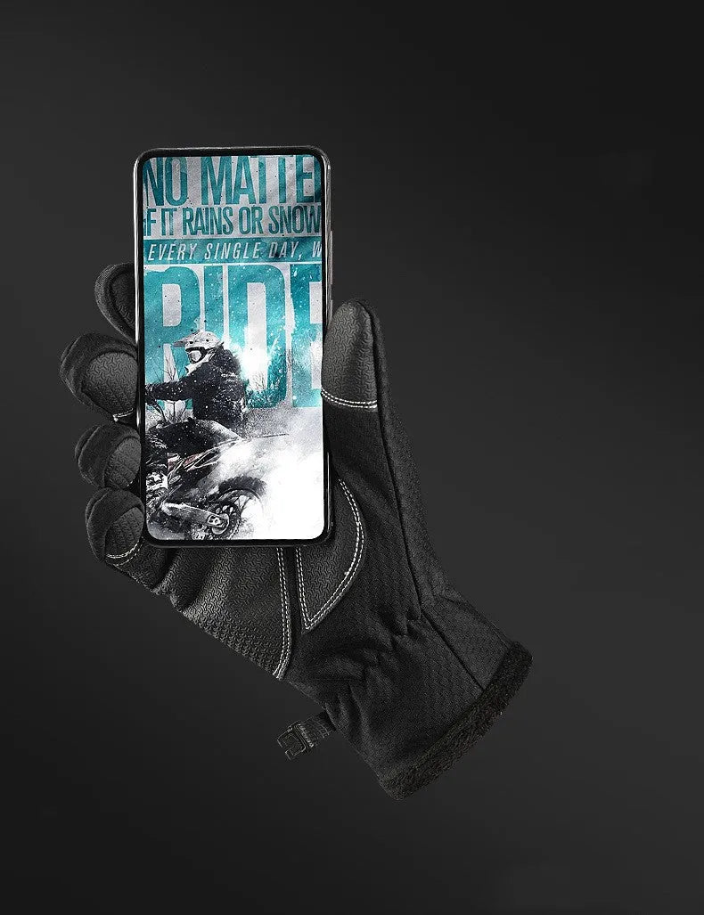 Unisex winter cycling gloves in black made of polar fleece with split finger design and printed pattern