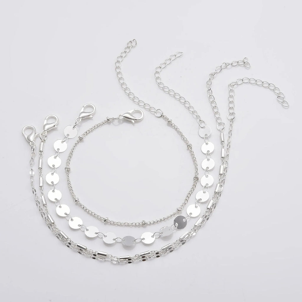 4-pack geometric bracelet set in gold or silver, tube chain disc lace styles, 16cm plus 5cm extension