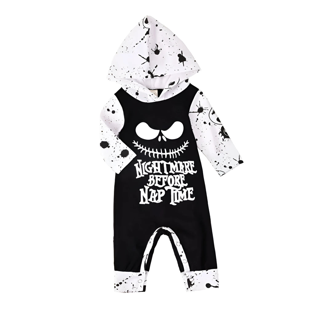 A black or brown hooded Halloween romper costume with long sleeves for a baby or toddler.