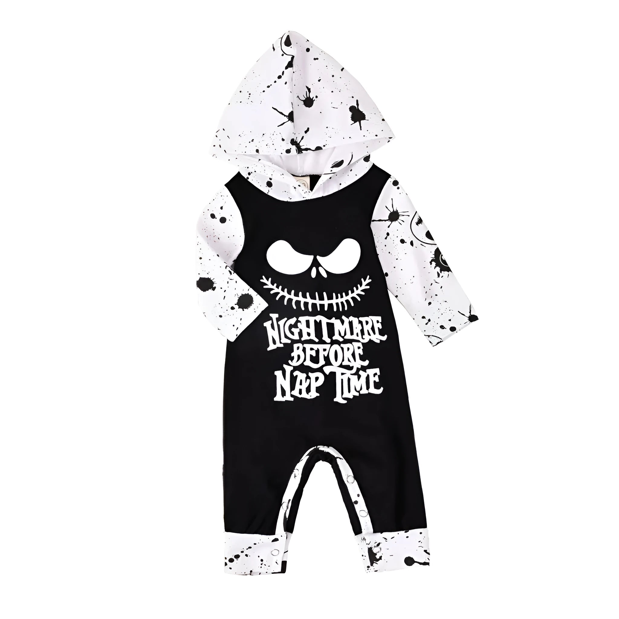 A black or brown hooded Halloween romper costume with long sleeves for a baby or toddler.