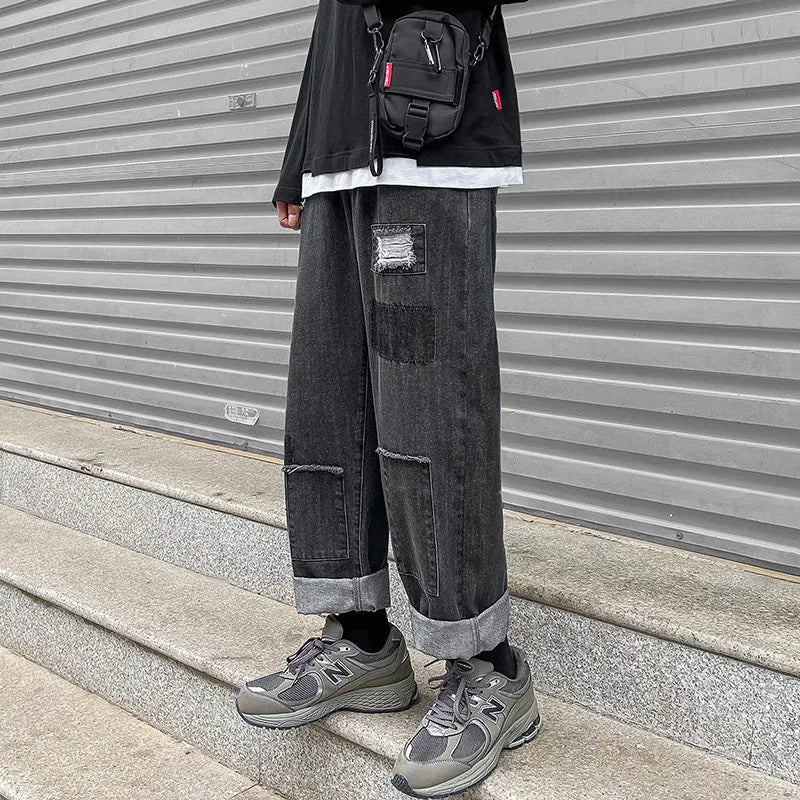 Men's high street ripped jeans loose straight leg micro stretch denim black blue sizes M to 3XL
