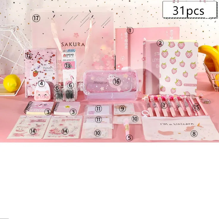 Stationery gift bag with B5 and A5 notebooks, pens, correction tape, clips, ruler, and decorative accessories