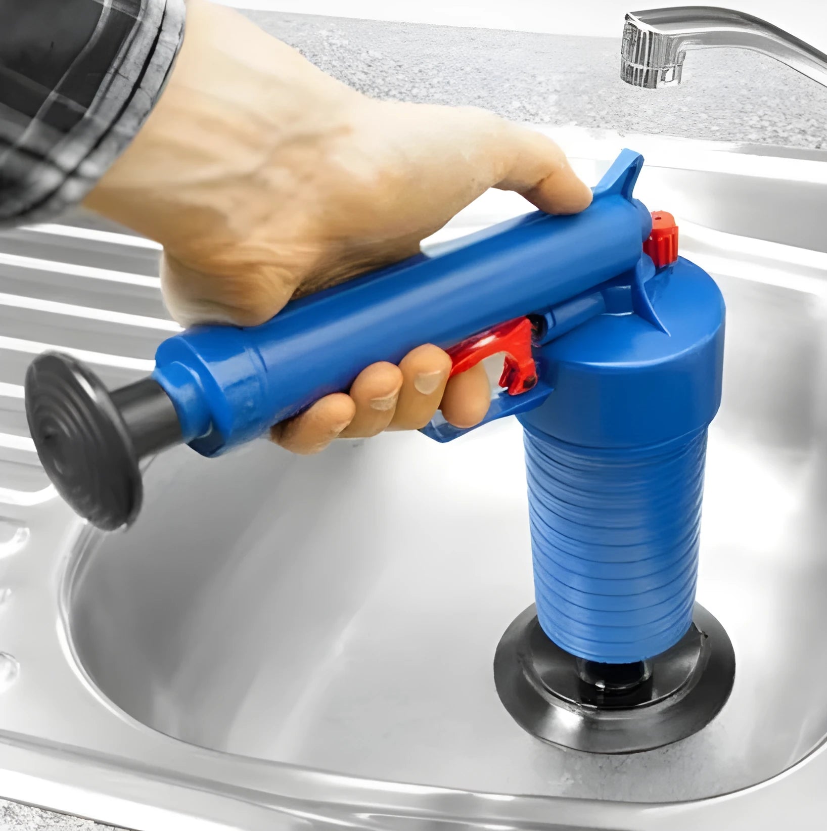 Manual high-pressure drain blaster gun with four different sized adaptor suckers for clearing sink and toilet blockages