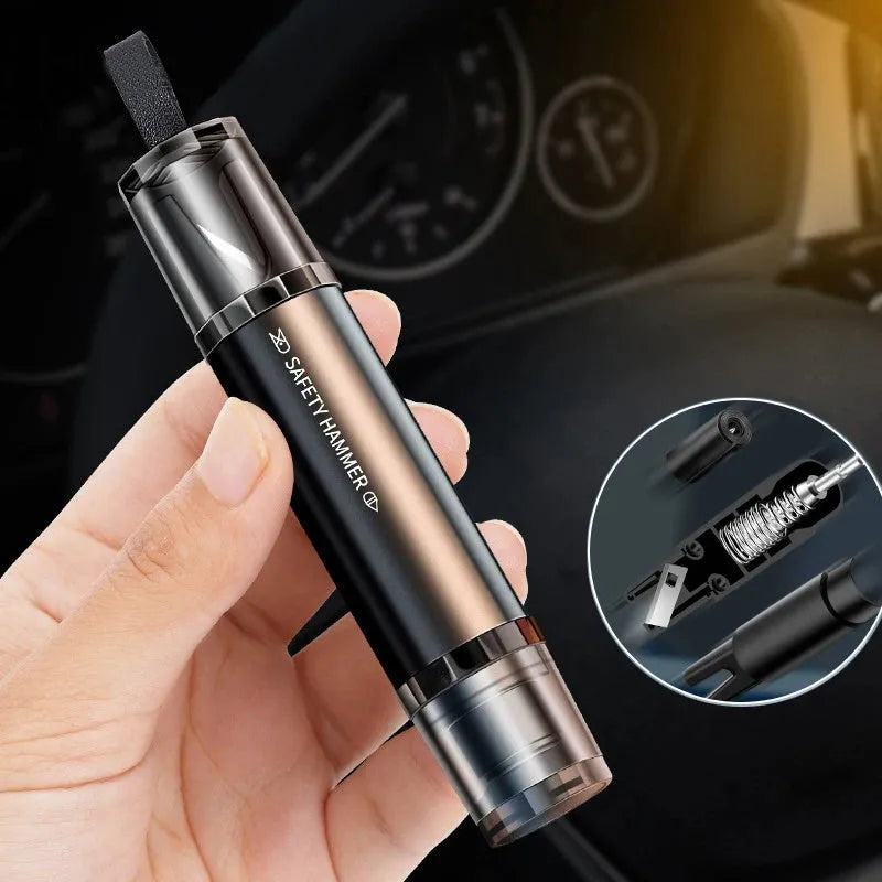 Black and red car safety hammer with seat belt cutter emergency rescue tool