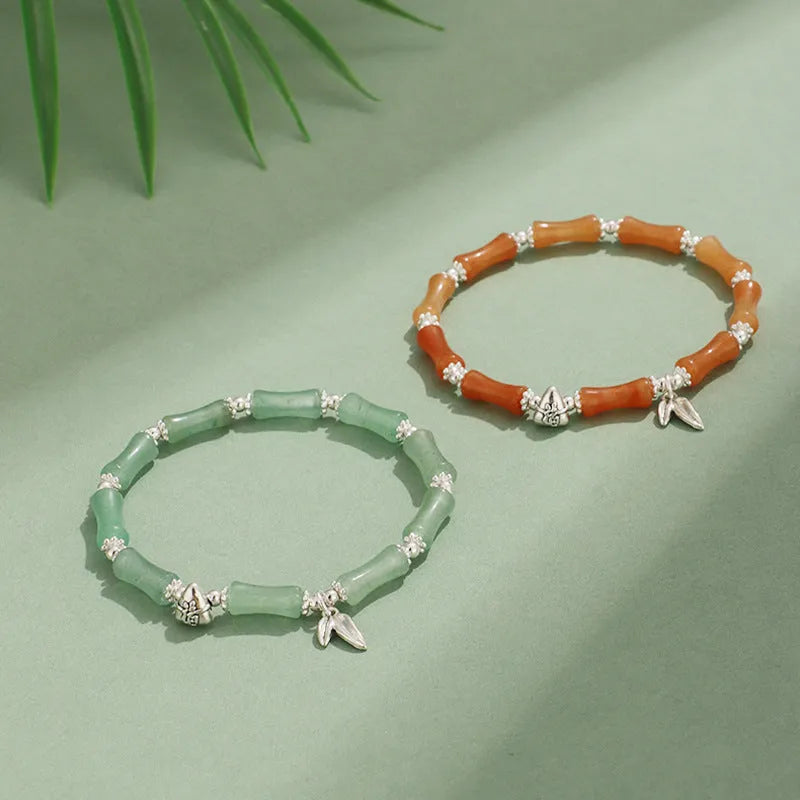 Green aventurine bamboo strawberry quartz crystal bracelet with electroplated finish and multiple stone beads