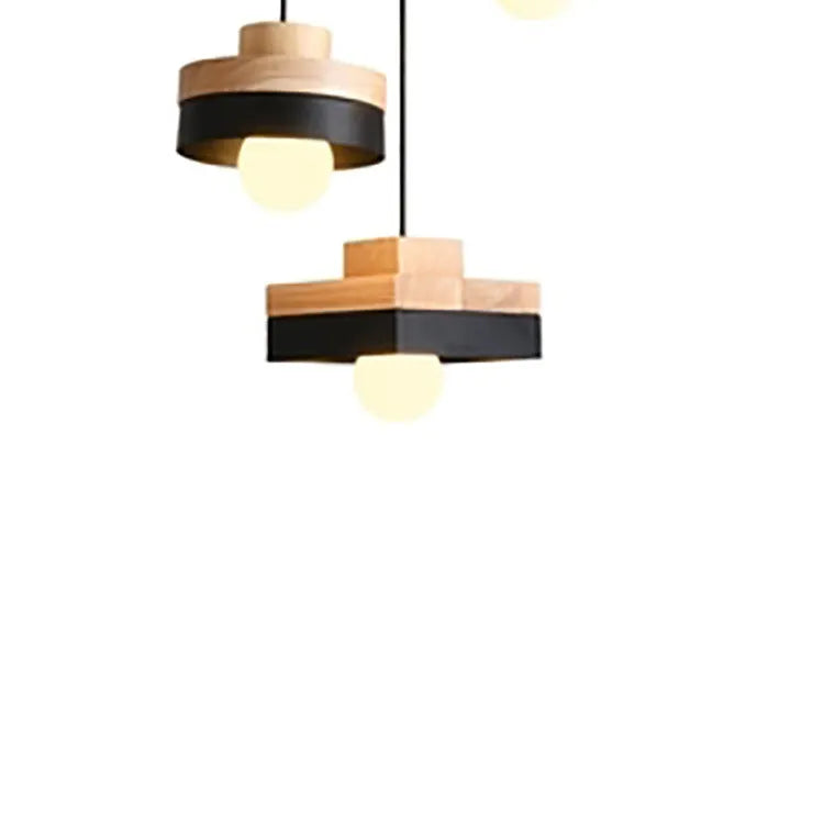 Wooden round and square LED chandeliers in matte black and white finishes with adjustable suspension