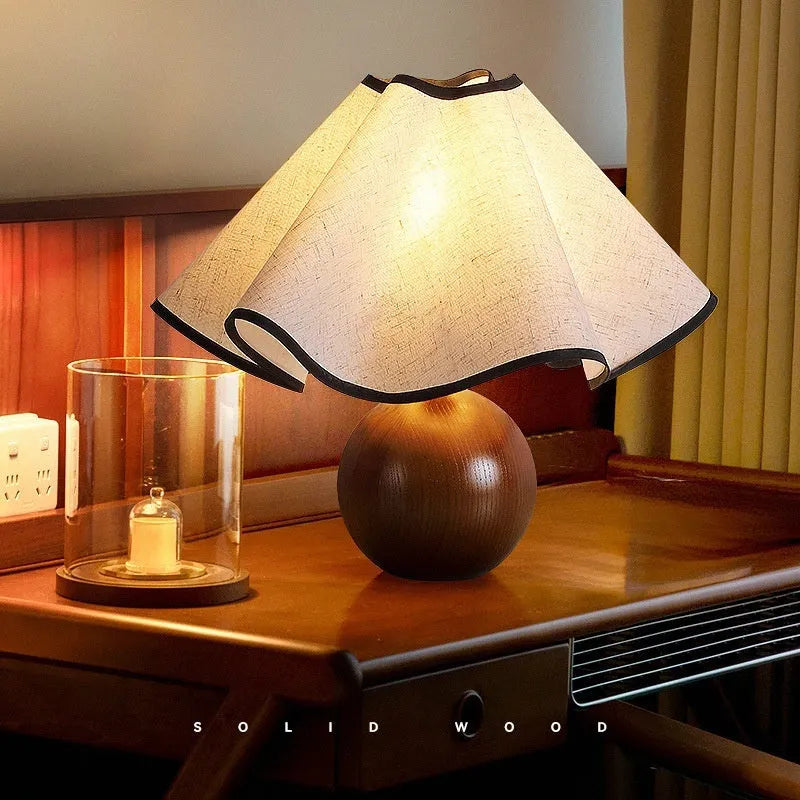 Retro solid wood table lamp with walnut finish and creative petal shade design
