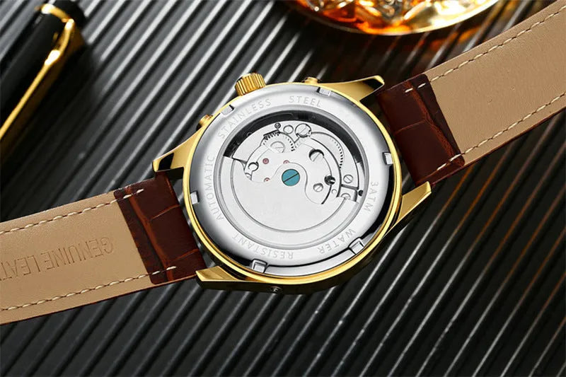 Men's automatic hollow tourbillon mechanical watch with 42mm dial and leather band on wrist