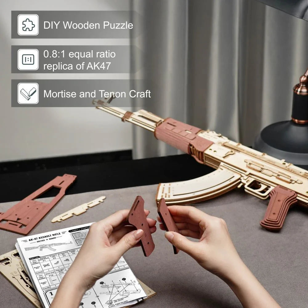 Realistic wooden assault rifle toy with dual firing modes, featuring an authentic AK-47 design and premium craftsmanship.