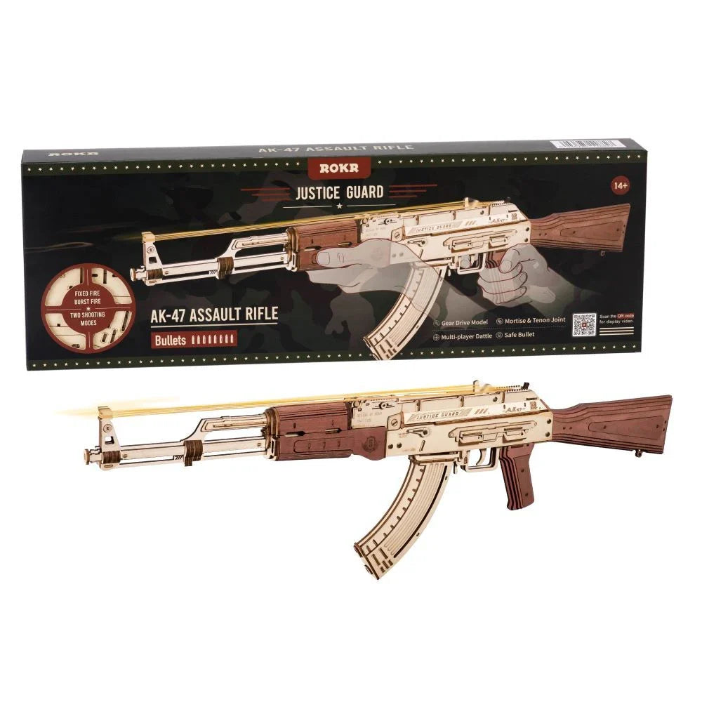 Realistic wooden assault rifle toy with dual firing modes, featuring an authentic AK-47 design and premium craftsmanship.