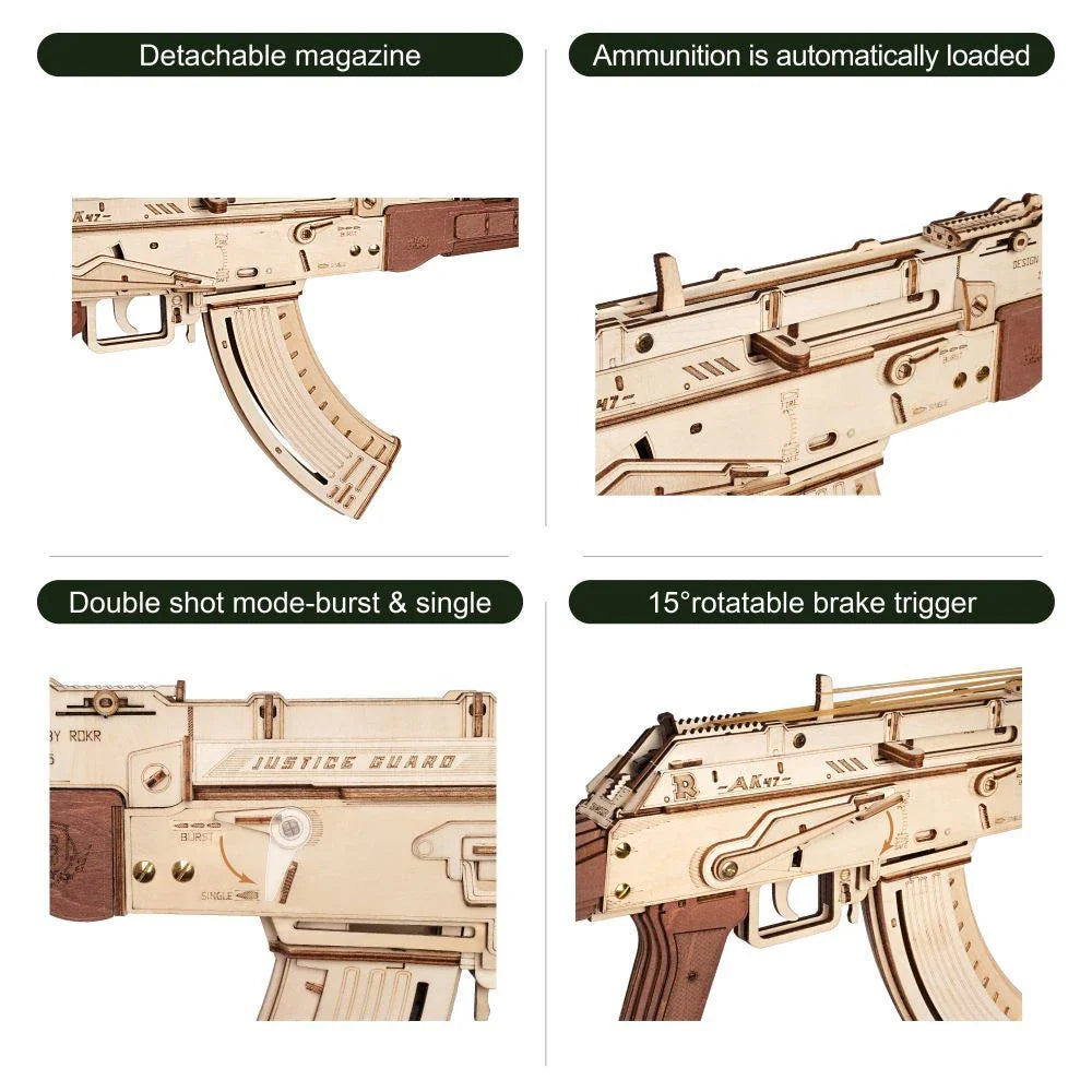 Realistic wooden assault rifle toy with dual firing modes, featuring an authentic AK-47 design and premium craftsmanship.