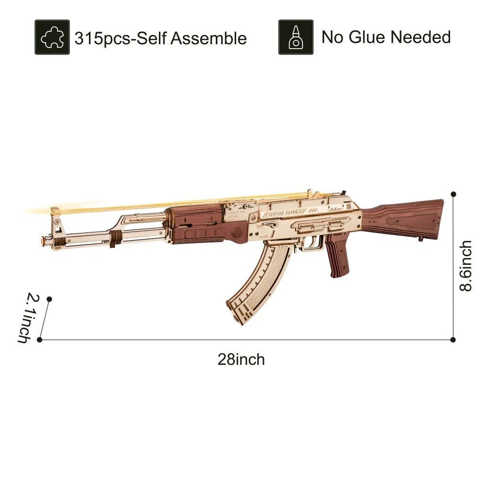 Realistic wooden assault rifle toy with dual firing modes, featuring an authentic AK-47 design and premium craftsmanship.