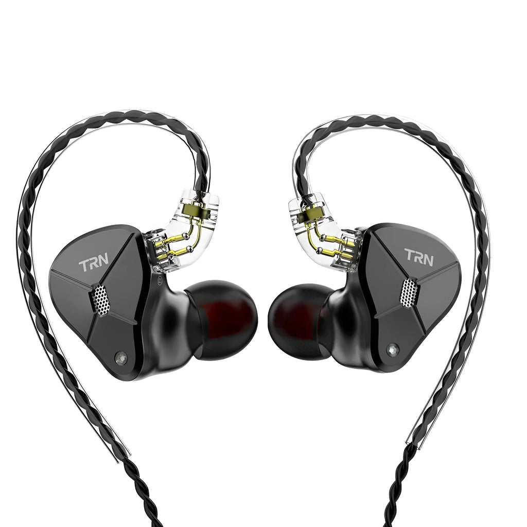 Black in-ear mobile phone headset with 3.5mm straight plug and optional microphone attachment