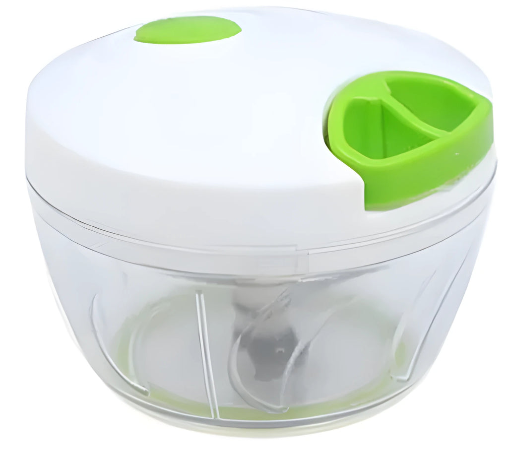 Green manual food chopper with three stainless steel blades and 500ml plastic container